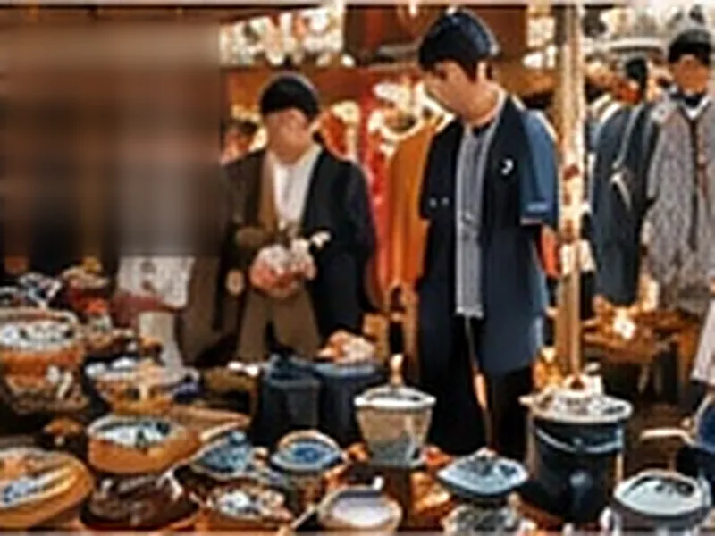 陶器や急須が並ぶ骨董市の露店