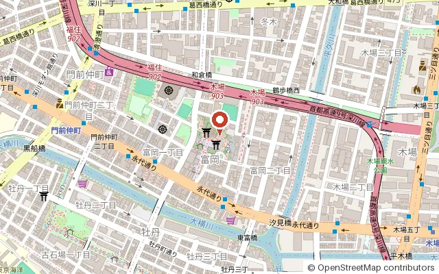 Map around Tomioka Hachimangu Shrine (OpenStreetMap)
