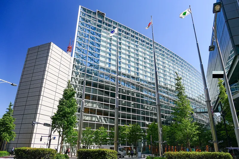 Exterior of the Glass Building at Tokyo International Forum.